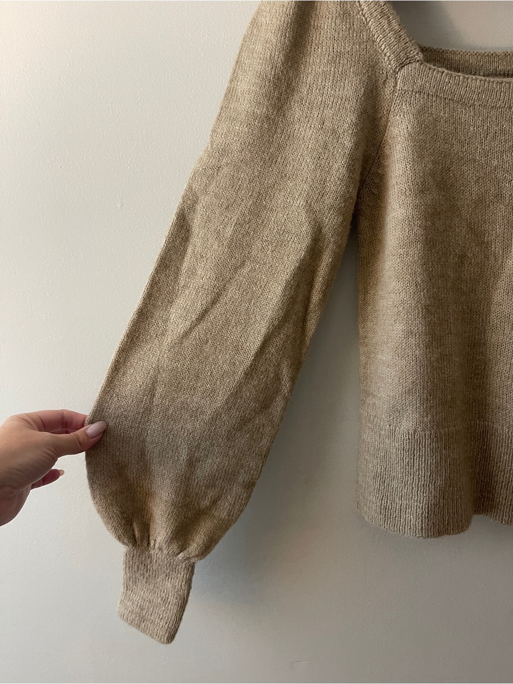 Anthropologie XS Taupe Beige Knit Sweater Square Neck Balloon Sleeve Boho - Picture 5 of 5